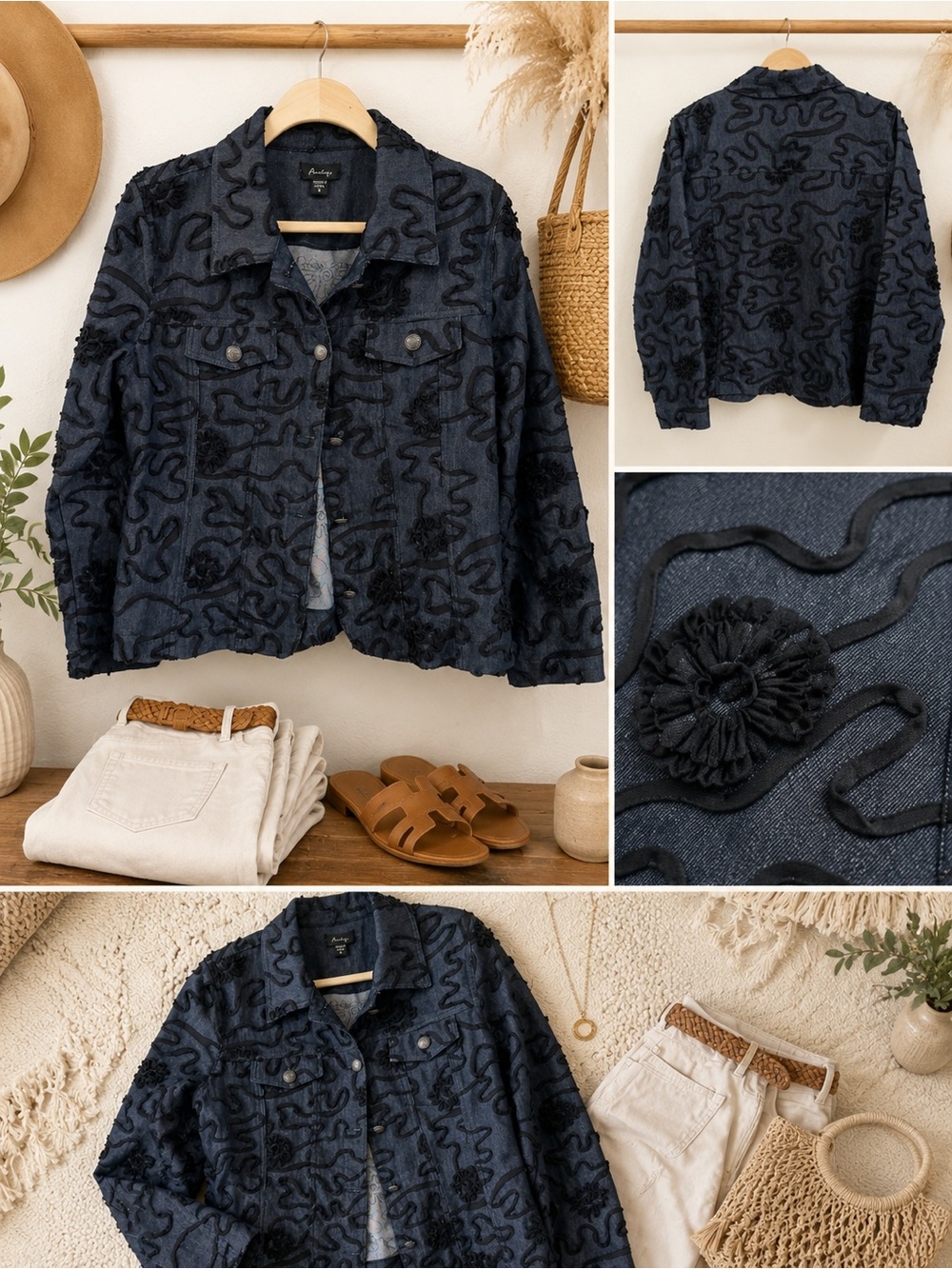 Women's Navy Blue Embroidered Jean Jacket